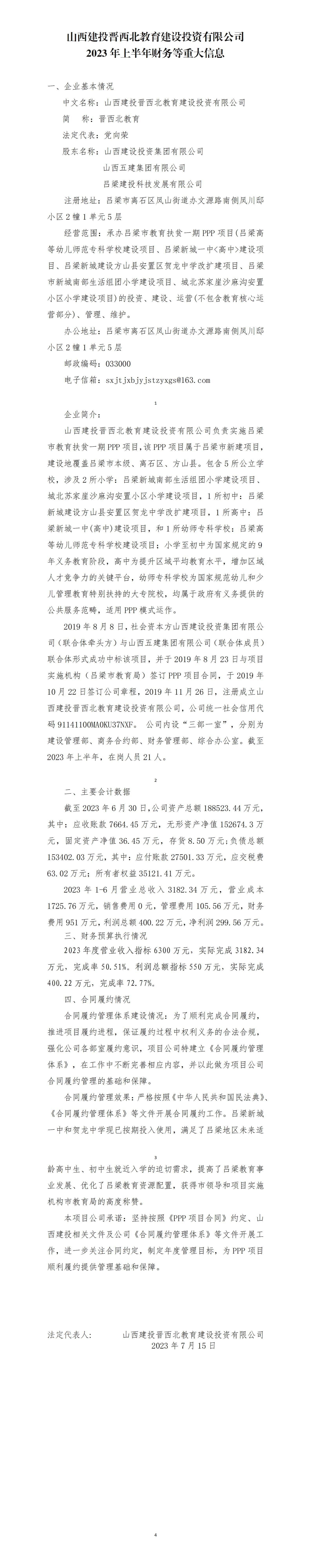 山西建投晋西北教育建设投资有限公司2023年上半年财务等重大信息