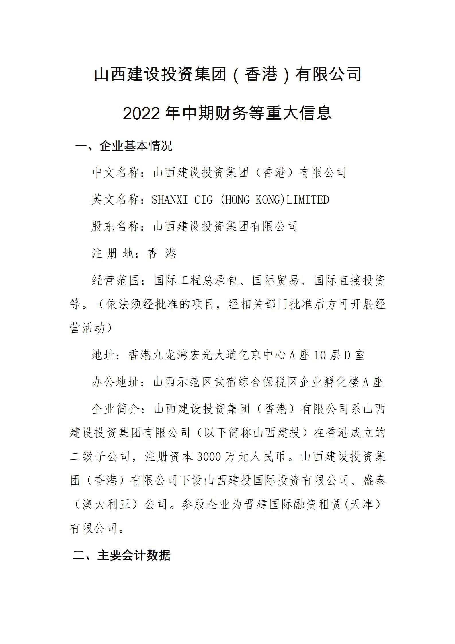 山西建设投资集团（香港）有限公司2022年中期财务等重大信息