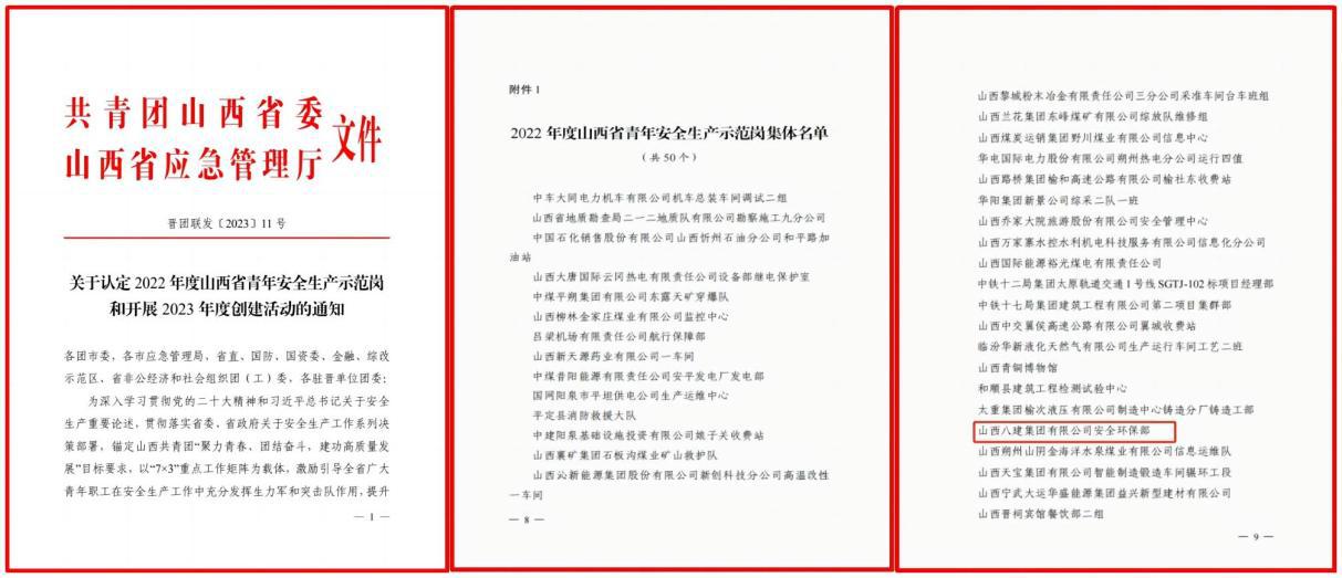 山西建投八建集团安全环保部荣获2022年度山西省青年安全生产示范岗先进集体荣誉称号