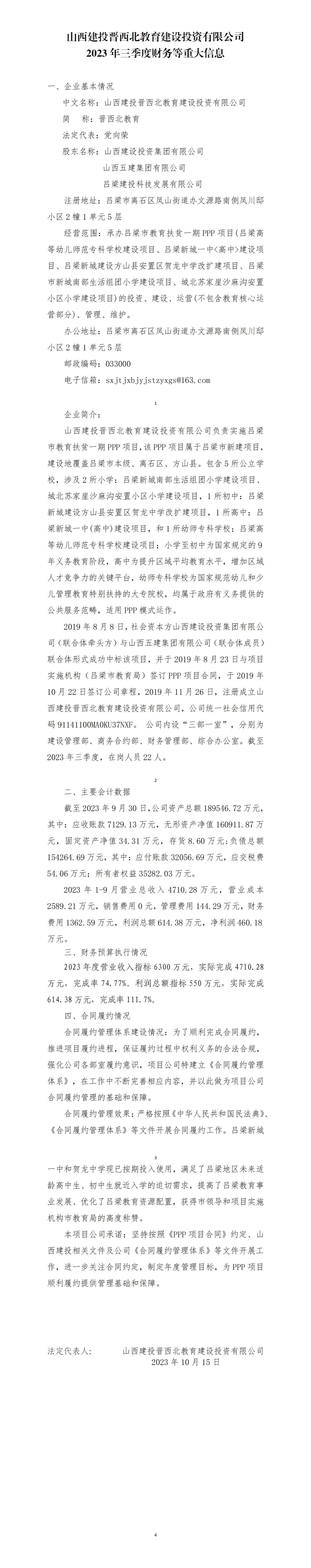 山西建投晋西北教育建设投资有限公司2023年三季度财务等重大信息